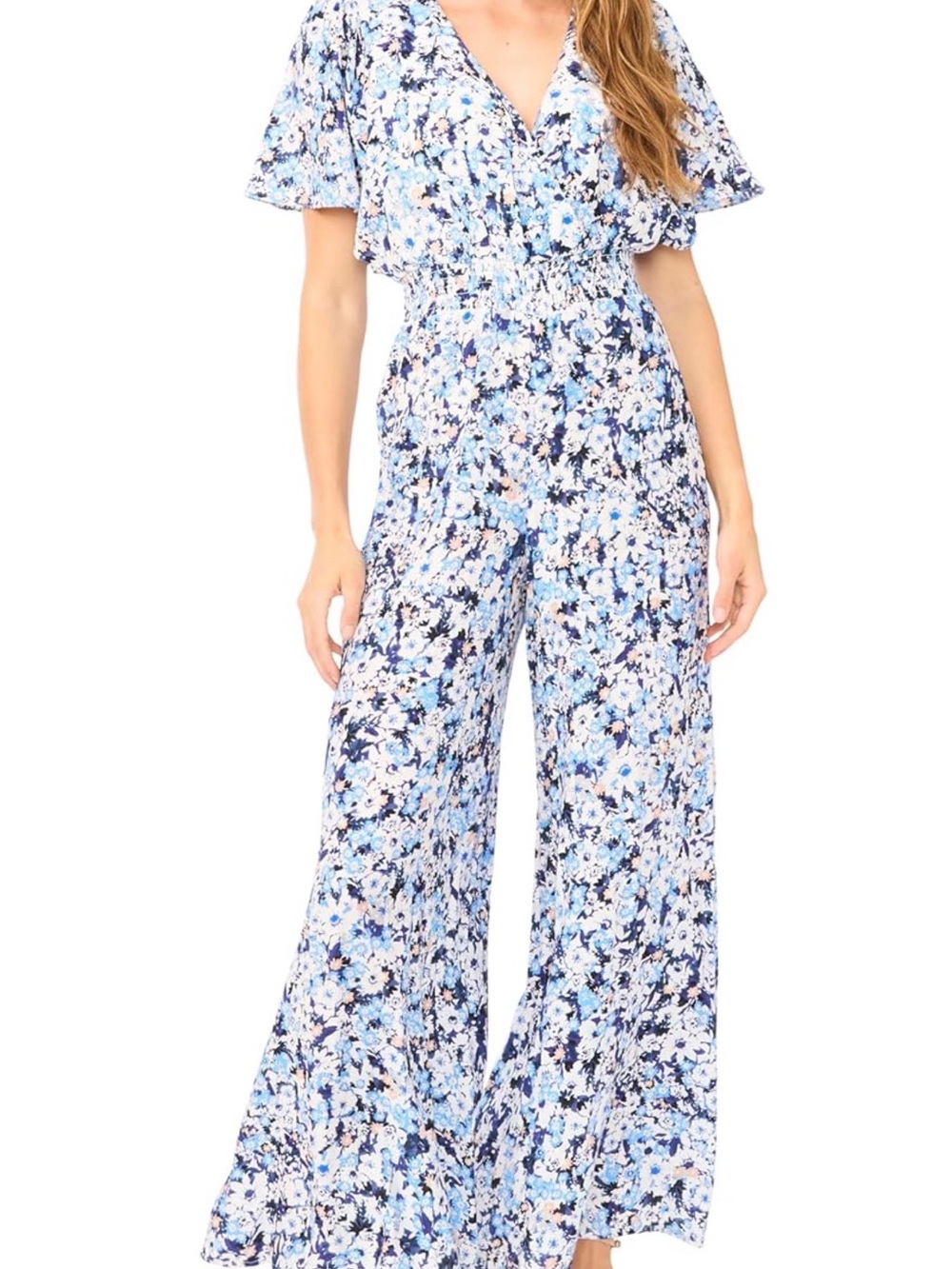 Vince Camuto Blue/White Floral Wide-Leg Jumpsuit S V-Neck Short Sleeve